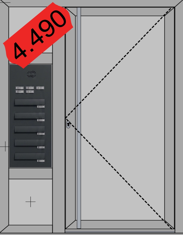 Mehrfamilienhaustür 1400 x 2100 mm – 5 Briefkästen, 5 Klingeln, GEZE 5000, Stoßgriff und VSG-Glas
