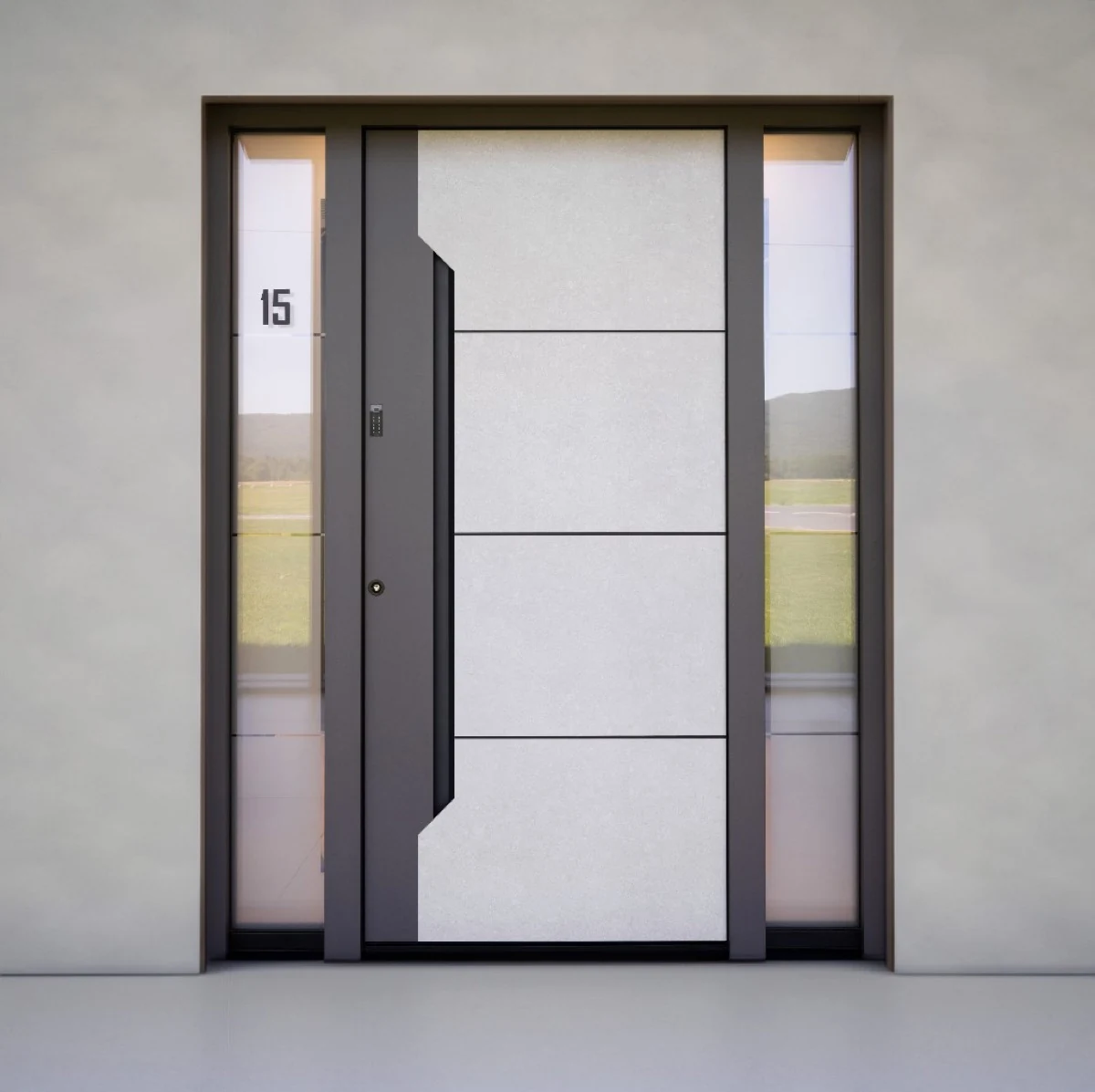 Schüco Aluminium-Haustür mit Seitenteilen – A40-Fenster